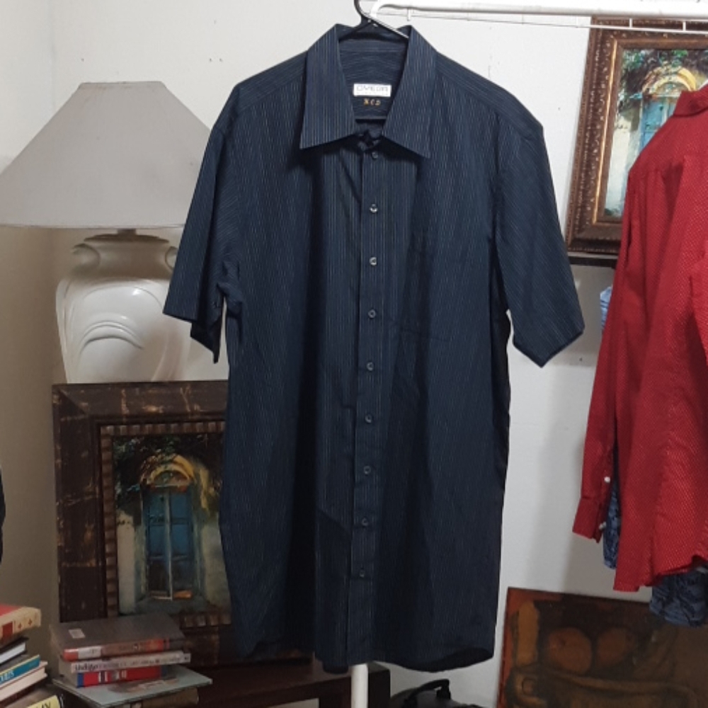 Mens Button Up Shirt dark shortsleeve Black Blue Gray Striped OMEGA